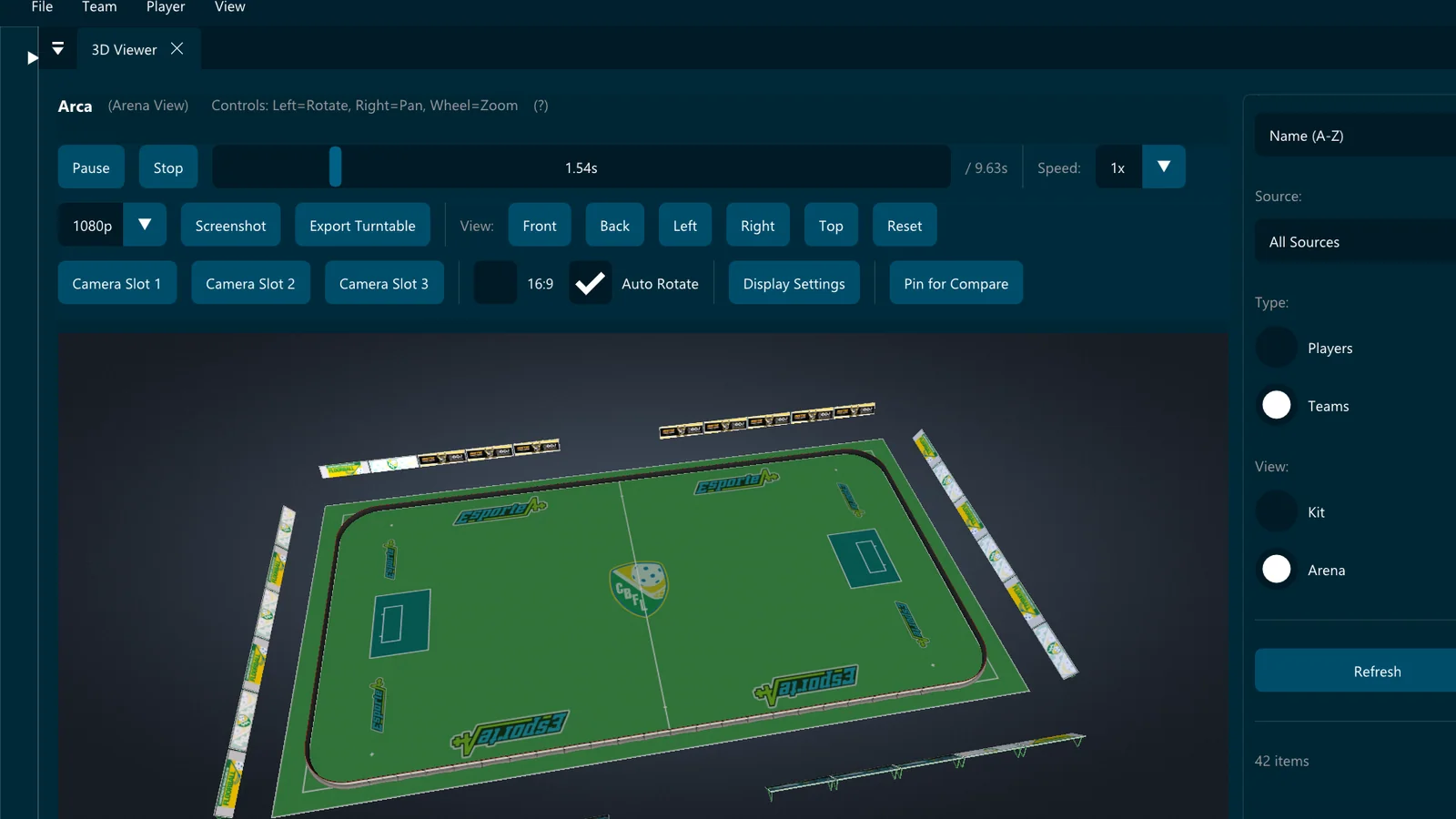Floorball Editor 3D arena preview showing a full floorball rink and camera controls