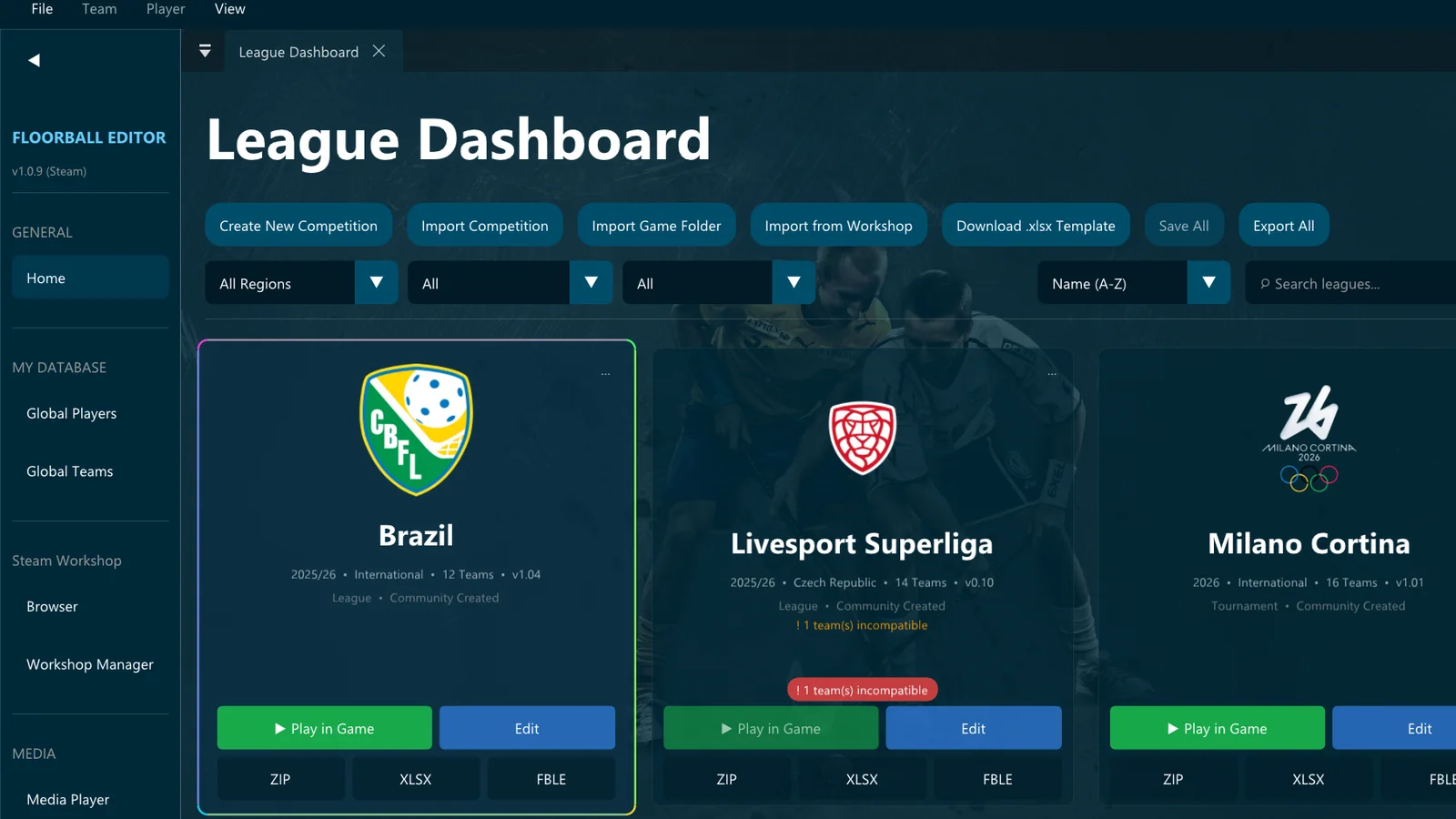 Floorball Editor league dashboard with competition cards, import controls and export options