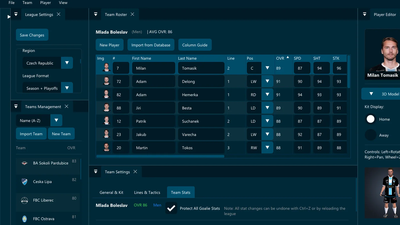 Floorball Editor team workspace showing a roster, player attributes and a 3D player preview
