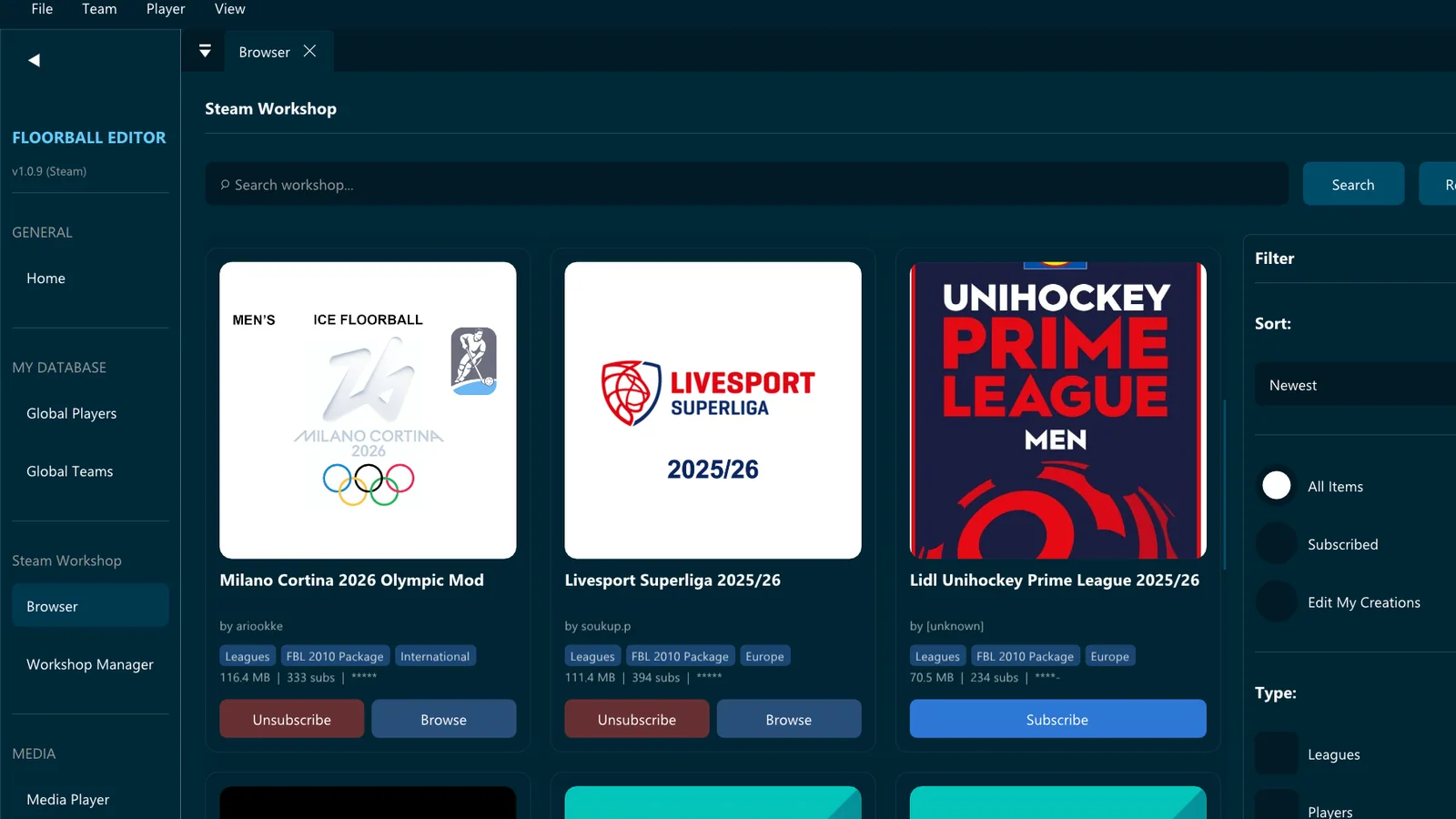 Floorball Editor Steam Workshop browser with search, project cards and filters
