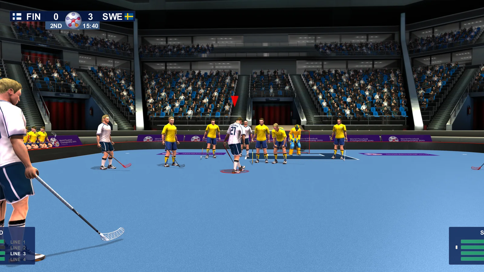 Players line up for a set piece in the 2025 Floorball League 2010 rerelease