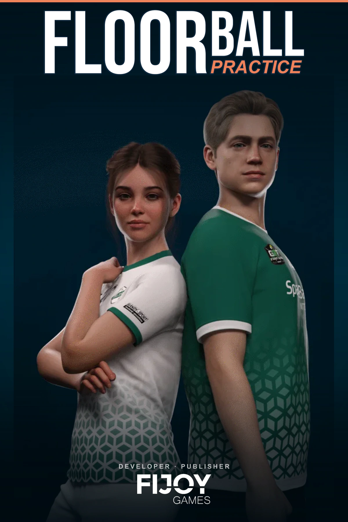 Two Floorball Practice characters wearing green and white floorball kits