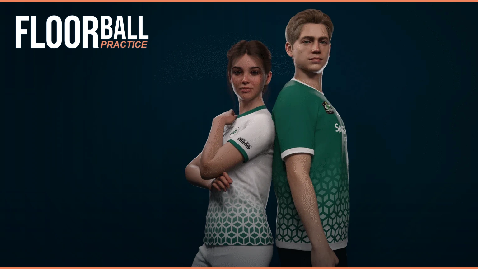 Two Floorball Practice characters wearing green and white floorball kits