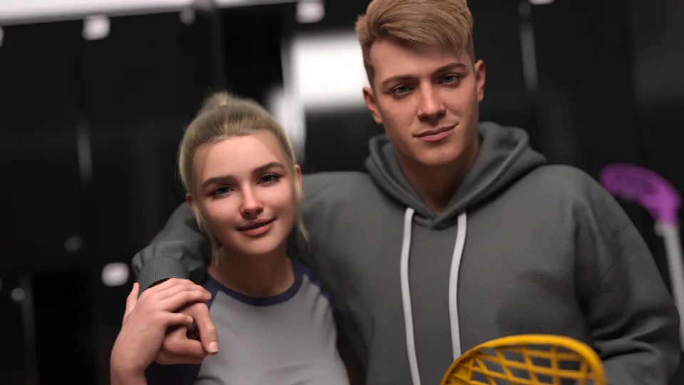 Two Floorball Practice characters standing together in a locker room
