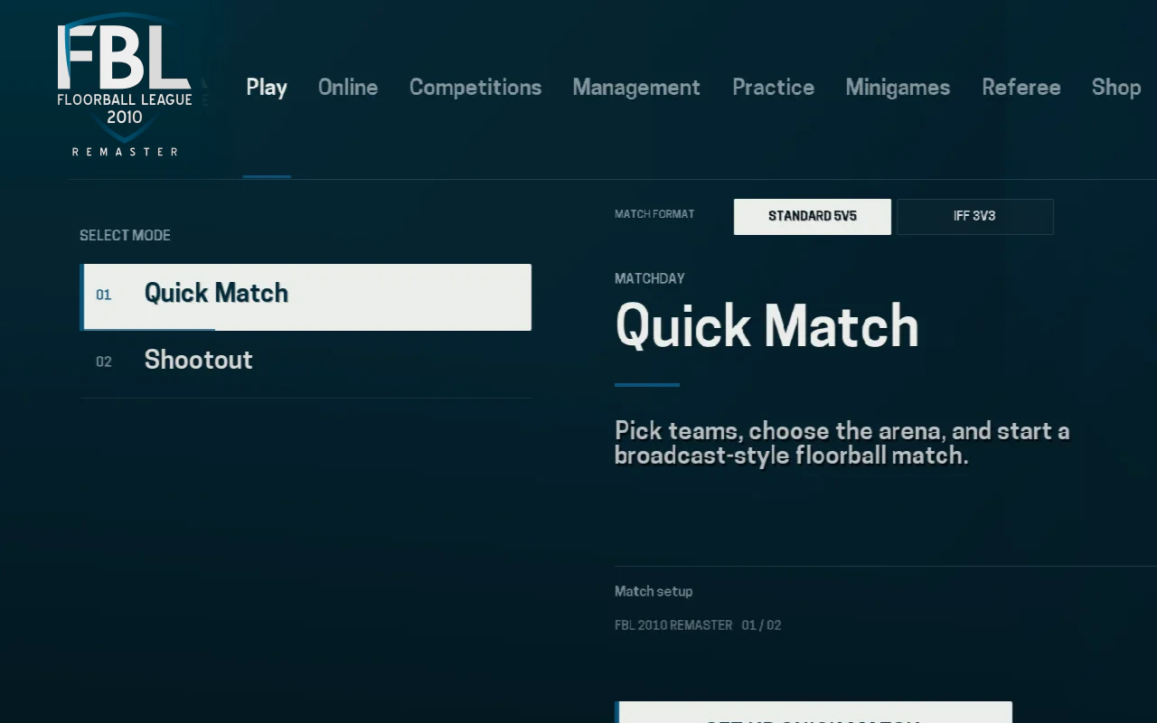 Floorball League 2010 Remaster menu with Quick Match and IFF 3v3 options